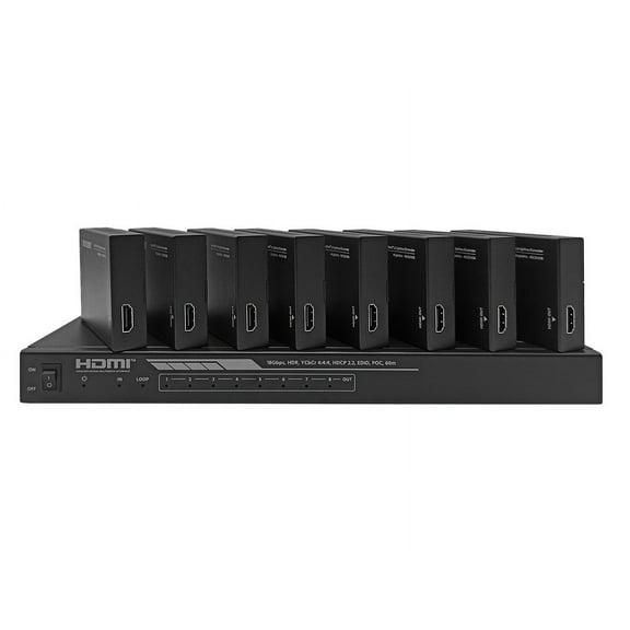 Monoprice Blackbird 4K HDMI 2.0 1x8 Splitter Extender Complete Solution Kit-- 18Gbps, HDR, 4K@60Hz, YCbCr 4:4:4, HDCP 2.2, Cat6/6a/7 with IR, Loop Out, EDID, POC with 8 Receivers, 60m, 197ft