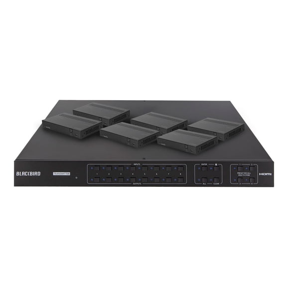 Monoprice Blackbird 4K HDMI Matrix, 8x8, HDBaseT, HDR, 18G, 4K@60Hz, YCbCr 4:4:4, HDCP 2.2, EDID, IR, SPDIF, RCA, TCP/IP, RS-232, W/ 7 Receivers 70m