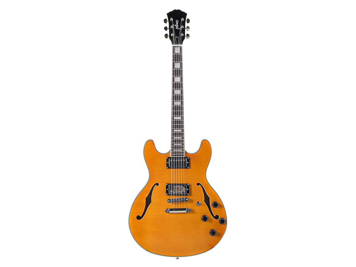Monoprice Boardwalk Transparent Amber Hollow Body Electric Guitar with