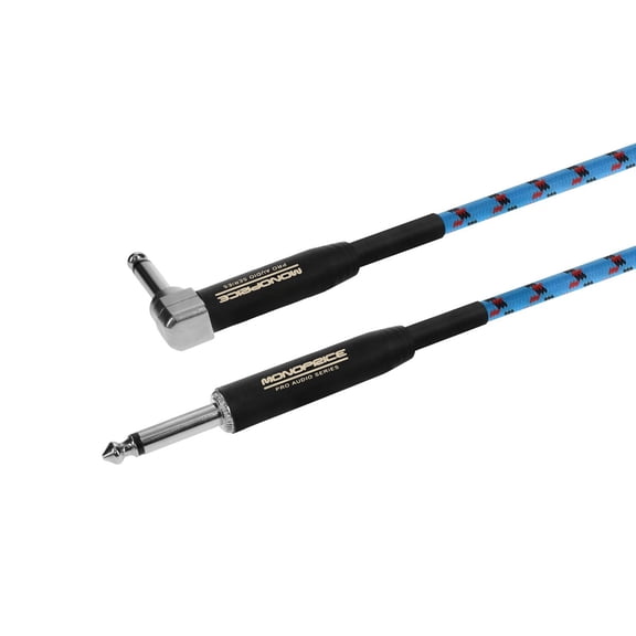 Monoprice Braided Cloth 1/4 Inch (TS) Guitar/Instrument Cable Cord - 10 Feet- Blue with One Right Angle Connector