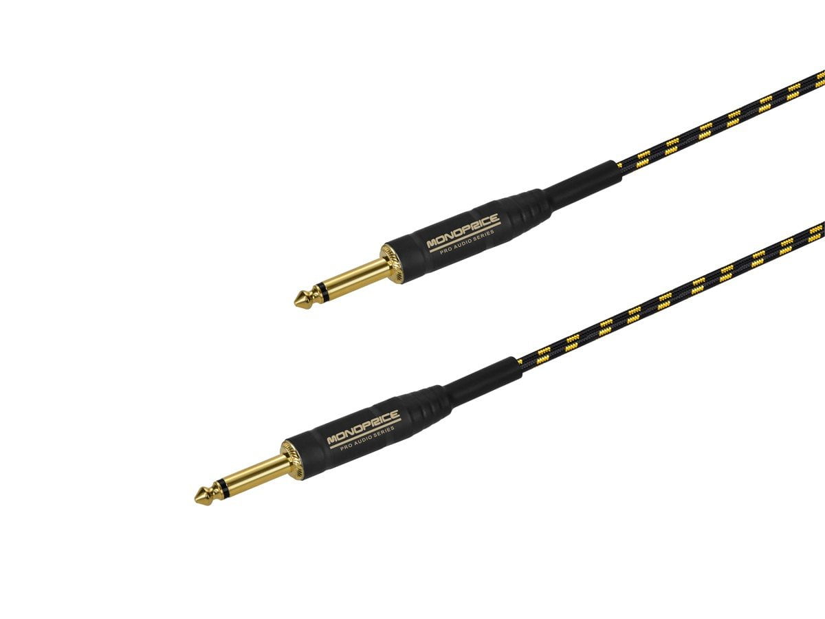 Monoprice Braided Cloth 1/4 Inch (TS) Male 20AWG Instrument Cable Cord - 6 Feet - Black (Gold Plated)