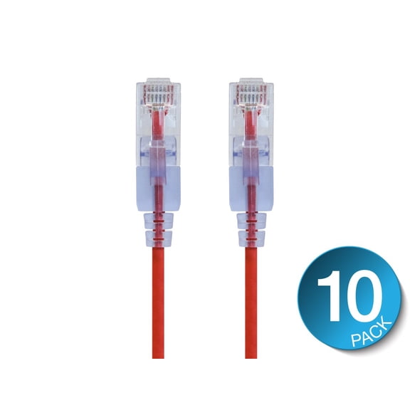 Monoprice Cat6A Ethernet Patch Cable - 1 Feet - Red (10 Pack) Snagless RJ45 550Mhz UTP Pure Bare Copper Wire 10G 30AWG - SlimRun Series