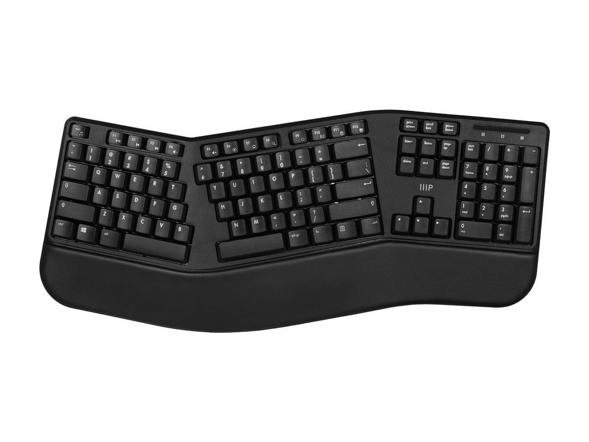 Monoprice Ergonomic Wireless Split 105-Key Keyboard, 2.4GHz Wireless, 13 Multimedia Hotkeys Functions, AutoPower Save Mode, BuiltIn Wrist Cushion Support