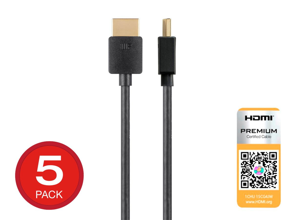 Monoprice HDMI Cable - 3 Feet - Black (5 Pack) Certified Premium, High Speed, 4K@60Hz HDR, 18Gbps 36AWG YUV 4:4:4, Compatible with UHD TV / PS4 Pro / Xbox Series X & S and More - Ultra Slim Series
