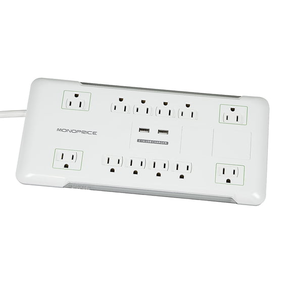 Monoprice Power & Surge - 12 Outlet Surge Protector Power Strip with 2 Built In 2.1A USB Charger Ports - 6 Feet - White | Cord UL Rated, 4, 230 Joules with Grounded and Protected Light Indicator, 12