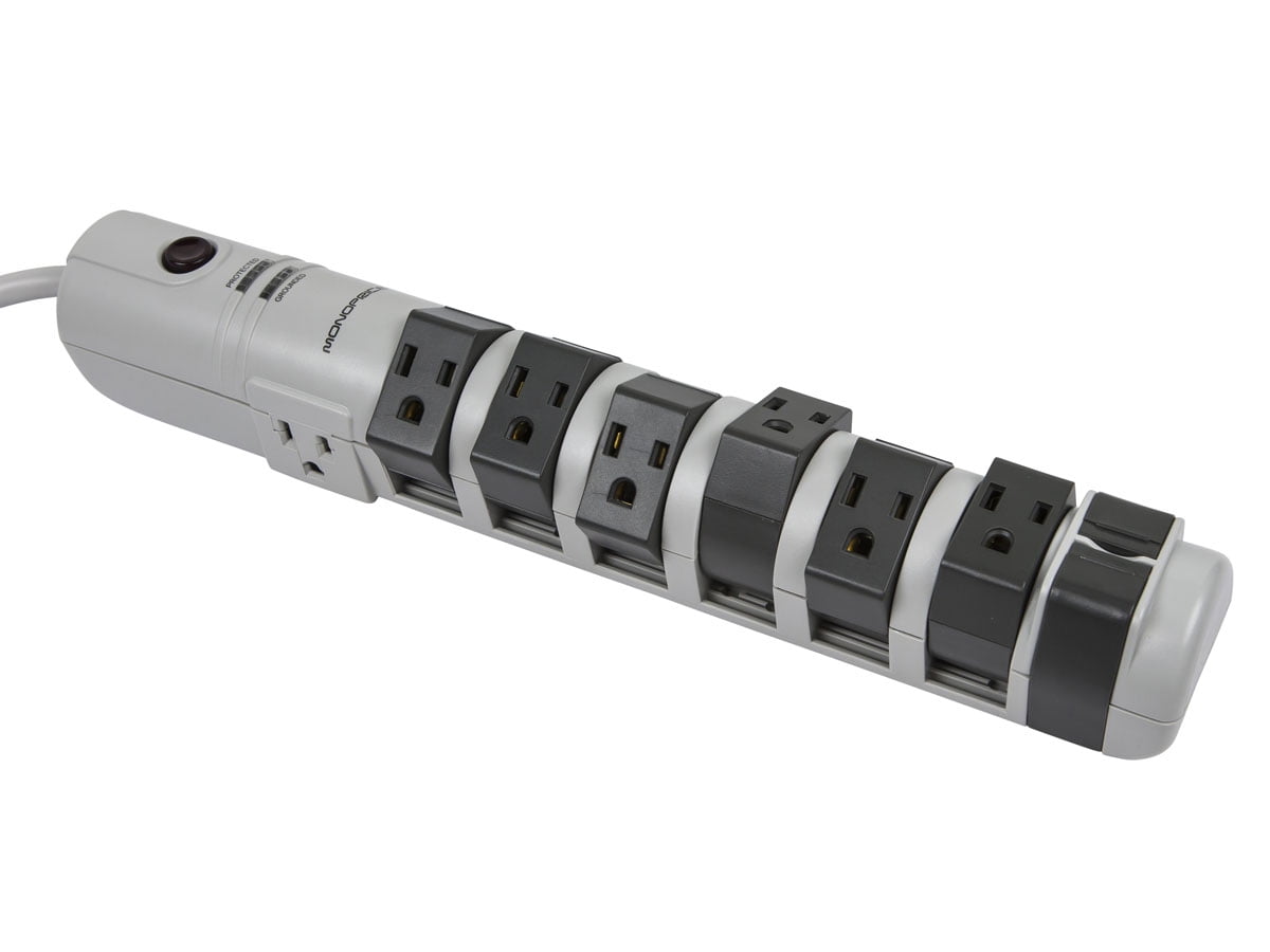 Monoprice Power & Surge - 8 Outlet Rotating Surge Strip - Gray | UL Rated 2, 160 Joules with Grounded and Protected Light Indicator