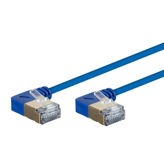 Monoprice SlimRun Cat6A Ethernet Network Cable/Cord - Blue - 0.5 Feet | 90 Degree Angled, 36AWG, S/STP
