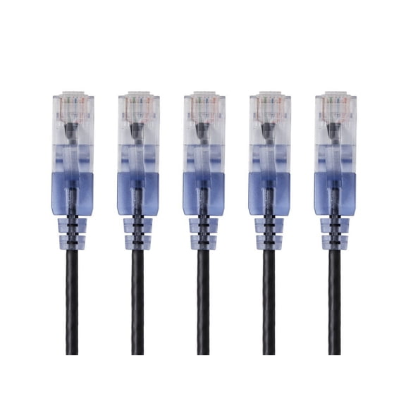 Monoprice SlimRun Cat6A Ethernet Patch Cable - Network Internet Cord - RJ45, Stranded, UTP, Pure Bare Copper Wire, 30AWG, 6in, Black, 5-Pack
