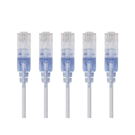Monoprice SlimRun Cat6A Ethernet Patch Cable - Network Internet Cord - RJ45, Stranded, UTP, Pure Bare Copper Wire, 30AWG, 6in, White, 5-Pack