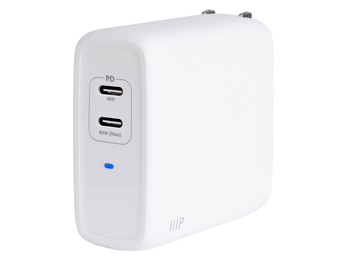 Monoprice 68W 2-port USB-C GaN Charger, Fast Charge, Foldable, PD Technology, for MacBook, iPad, iPhone, Galaxy, White