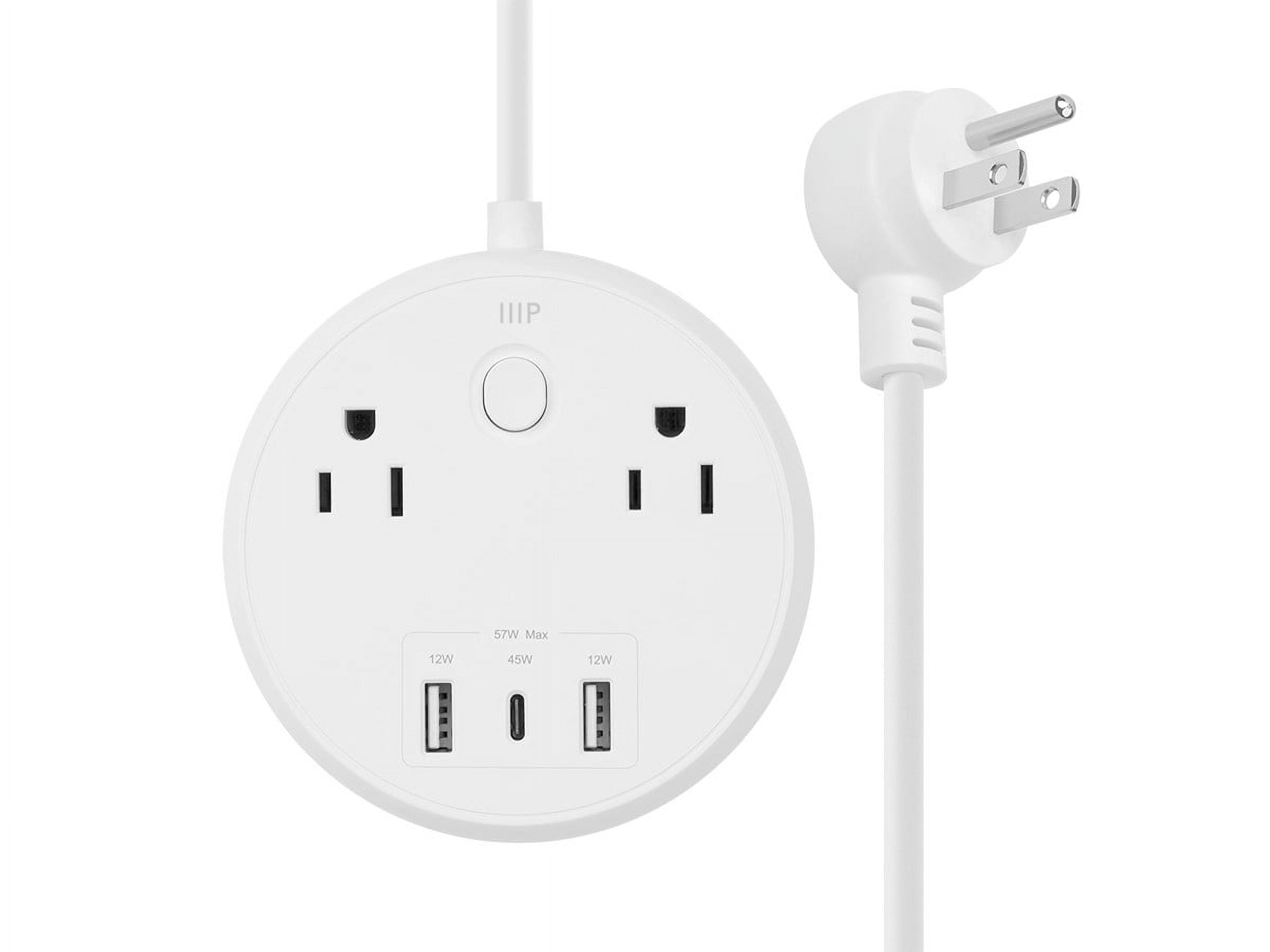 Compact White USB-C Power Strip with 2 Outlets and 57W 3 USB Ports