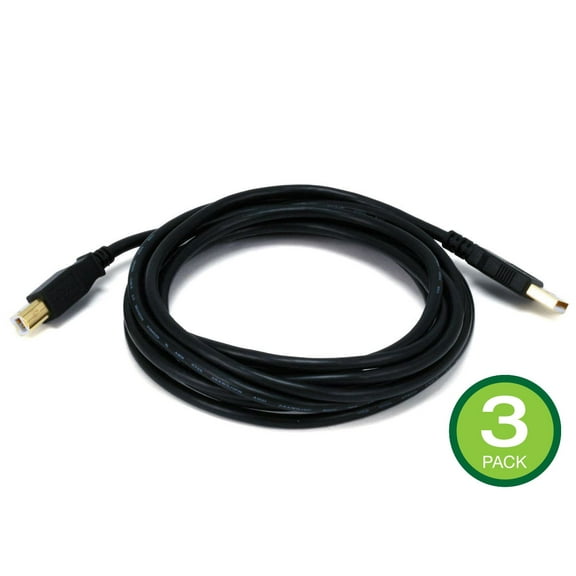 Monoprice USB Type-A to USB Type-B 2.0 Cable - 10 Feet - Black (3 Pack) 28/24AWG, Gold Plated Connectors, For Printers, Scanners, and other Peripherals