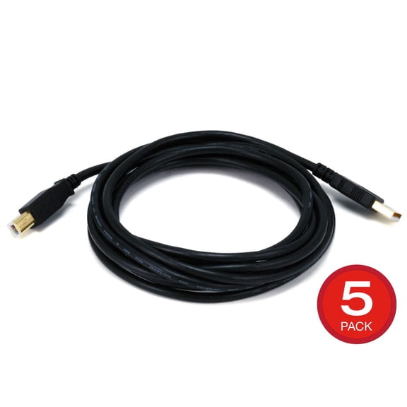 Monoprice USB Type-A to USB Type-B 2.0 Cable - 10 Feet - Black (5 Pack) 28/24AWG, Gold Plated Connectors, For Printers, Scanners, and other Peripherals