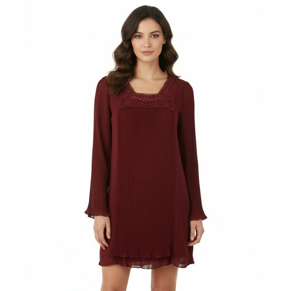 Monoreno Pleated Dress with Crochet Neckline