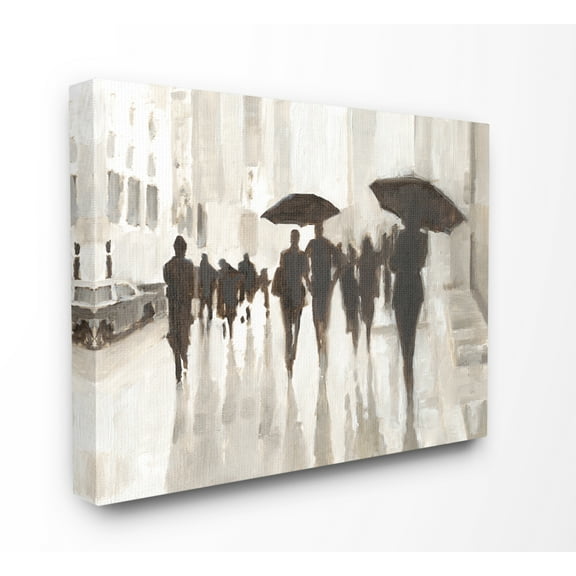 Monotone Black and White Raining City Crowd Canvas Wall Art