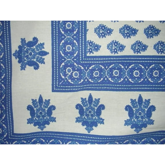 Monotone Buti Block Print Tapestry Cotton Bedspread 108" x 88" Full-Queen Blue