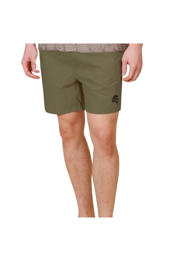 Men's Monotone Crinkle Nylon Shorts, Lightweight, Breathable, Elastic Waist, Olive, XL