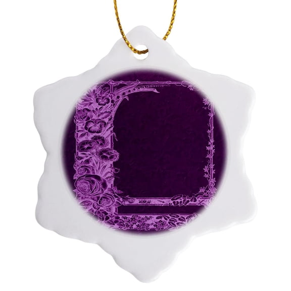 3drose, Monotone Floral Trellis Design in Negative on a Purple Damask Background, 3 inch Snowflake Porcelain Ornament