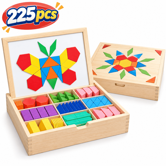 Funvip 225 PCS Wooden Magnetic Building Blocks with Challenge Cards & Storage Box, Educational Play Set, Great Birthday & Christmas Gifts for Toddlers Ages 3+
