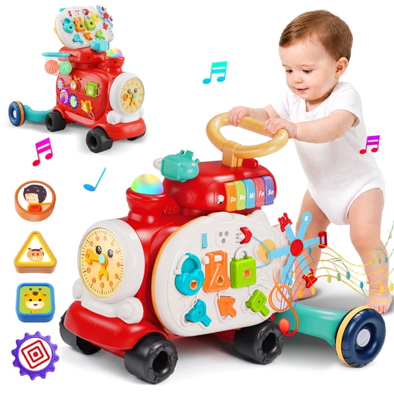 Monqistar 4 in 1 Push Walkers Steam Train Toys for Kids 3-6 Boys Girls, Sit-to-Stand Learning Walker, Activity Center Walking Toys for Kids