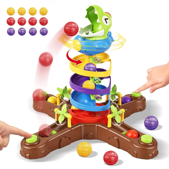 Funvip Dinosaur Ball Drop Toys for Kids, 5 Layer Roll Swirling Ball Tower with 12 Balls, 4-Player Montessori Toys Gifts for Boys and Girls Ages 2-6