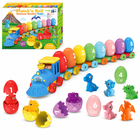 Monqistar Kids Dinosaur Number Train & Matching Eggs, 18 PCS Early Learning Sorting Game, Color Recognition & Fine Motor Skills for Toddlers 18+ Months Perfect Birthday & Christmas Present