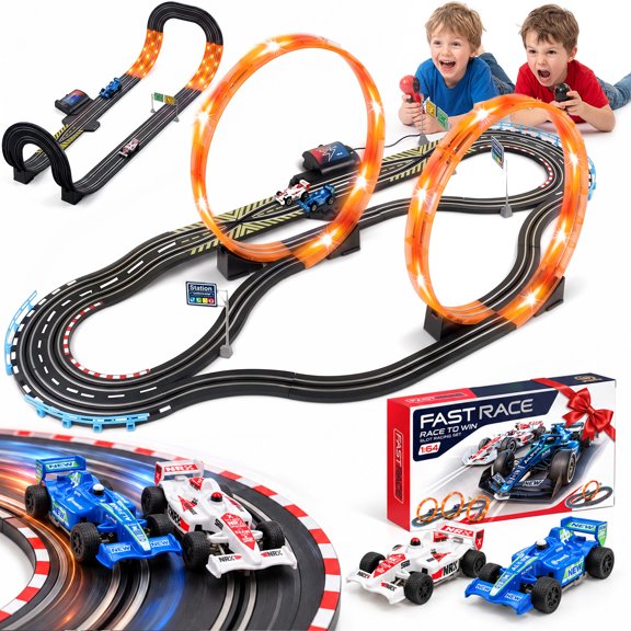 Monqistar Slot Car Race Track Sets for Boys Age 4-12, Dual High-Speed Racing Game, Lap Counter Circular Overpass Track, Christmas Birthday Gifts Toys for Kids