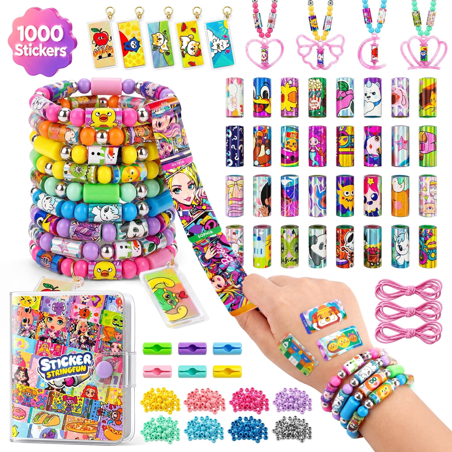 Monqistar Sticker Bracelet Kit, 1000 Mini Stickers Set, Wearable & Shareable Sticker Rolls, Sticker Collection Book, Make Bracelets & Necklaces Set for 5-12 Years Girls Gift