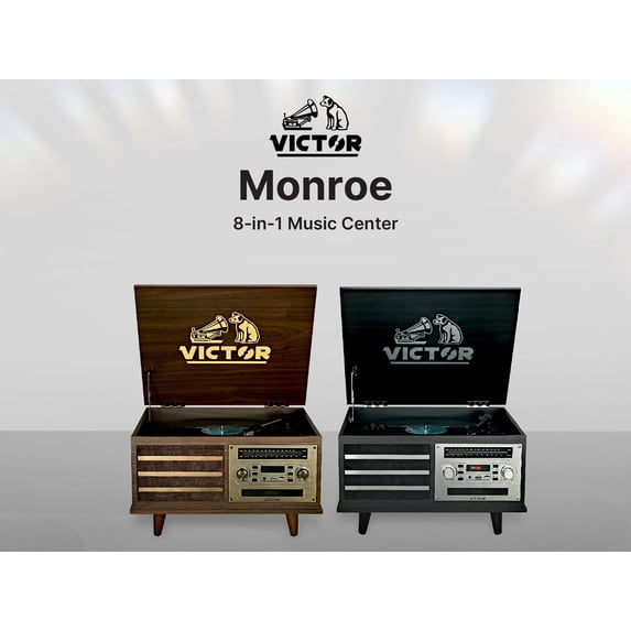 VICTOR VWRP-3700 Monroe Retro 8-in-1 Turntable Record Player and Entertainment Center with Bluetooth and Built in Speakers, Graphite