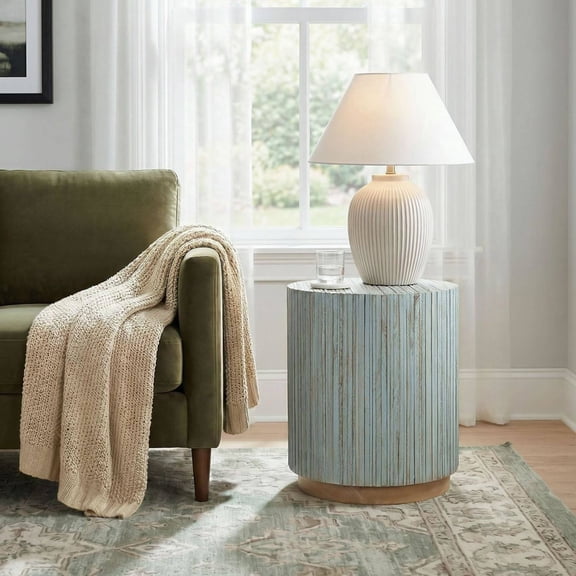Monroe Blue Wash Teak End Table, Round Solid Wood Side Table | Coastal Style, Handcrafted, Fully Assembled