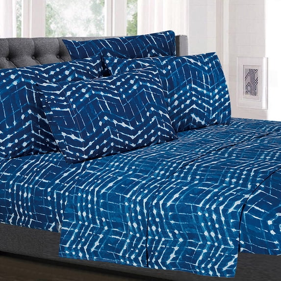 Monroe Blue Zig Zag Pattern Geometric 6-Piece Bed Sheet Set - King