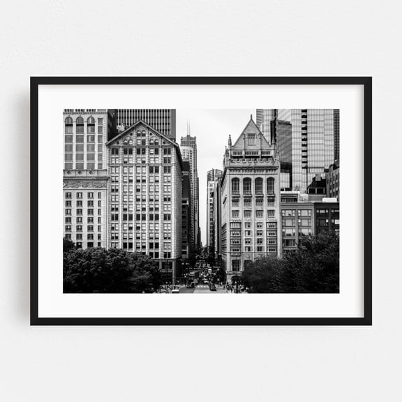 Monroe Street B&W - Chicago Illinois Photography Cityscape Black and White Architecture Street Photography Skyline Vintage Black Framed Wall Art Print 5 x 7 inches
