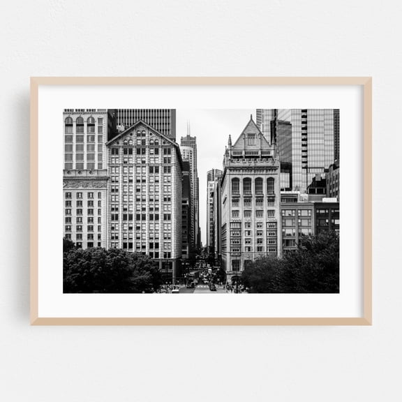 Monroe Street B&W - Chicago Illinois Photography Oak Framed Wall Art Print 12 x 18 inches
