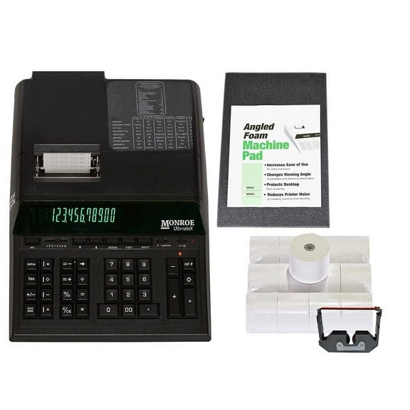 Monroe UltimateX Elite Printing Calculator/Adding Machine Bundle with Ribbons, Paper and Foam Calculator Stand