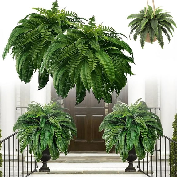 Monromall Artificial Ferns For Outdoors - Faux Ferns Outdoor Hanging Basket, Artificial Ferns For Outdoors Hanging Basket, Artificial Plants Outdoor, Large Fake Plants Porch Plants (38Leaves,2)