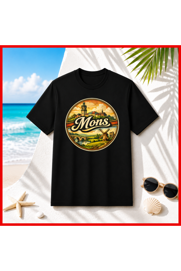Mons Retro Travel Emblem Vintage Cityscape Windmill Unisex T-Shirt, S-5XL
