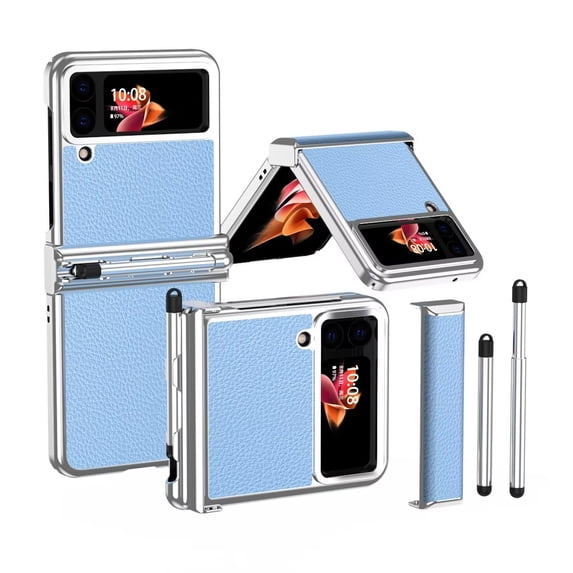 MonsDirect for 6.7 inch Samsung Galaxy Z Flip 3 5G 2021 Case with A Capacitance Pen, Two Hinge Protection Plating PC Frame Leather Grain Shockproof with S Pen Holder for Galaxy Z Flip 3, Silver Blue