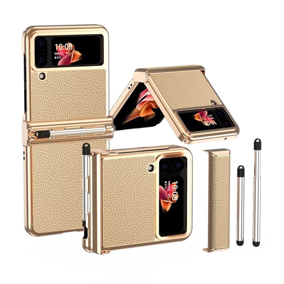 MonsDirect for 6.7 inch Samsung Galaxy Z Flip 3 5G 2021 Case with A Capacitance Pen, Two Hinge Protection Plating PC Frame Leather Grain Shockproof with S Pen Holder for Galaxy Z Flip 3, Gold