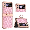 thumbnail image 1 of MonsDirect for 6.7 inch Samsung Galaxy Z Flip 3 5G 2021 Case, Hinge Protection Plating Frame Hard PC Shell PU Leather Cover Durable Shockproof with Finger Ring Stand Holder for Galaxy Z Flip 3, Pink, 1 of 7
