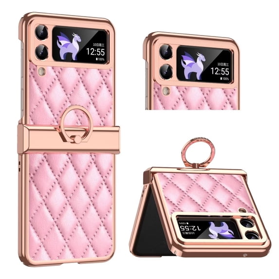MonsDirect for 6.7 inch Samsung Galaxy Z Flip 3 5G 2021 Case, Hinge Protection Plating Frame Hard PC Shell PU Leather Cover Durable Shockproof with Finger Ring Stand Holder for Galaxy Z Flip 3, Pink