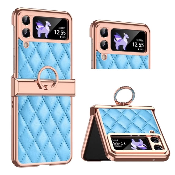 MonsDirect for 6.7 inch Samsung Galaxy Z Flip 3 5G 2021 Case, Hinge Protection Plating Frame Hard PC Shell PU Leather Cover Durable Shockproof with Finger Ring Stand Holder for Galaxy Z Flip 3, Blue