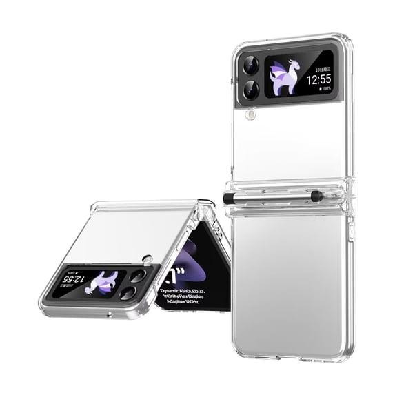 MonsDirect for 6.7 inch Samsung Galaxy Z Flip 4 5G 2022 Case with A Capacitance Pen, Two Hinge Protection Hard PC Back Anti-Drop Shockproof Full Coverage with S Pen Holder for Galaxy Z Flip 4, Clear