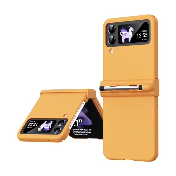 MonsDirect for 6.7 inch Samsung Galaxy Z Flip 4 5G 2022 Case with A Capacitance Pen, Two Hinge Protection Hard PC Back Anti-Drop Shockproof Full Coverage with S Pen Holder for Galaxy Z Flip 4, Orange
