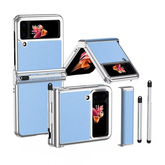MonsDirect for 6.7 inch Samsung Galaxy Z Flip 4 5G 2022 Case with A Capacitance Pen, Two Hinge Protection Plating PC Frame Leather Grain Shockproof with S Pen Holder for Galaxy Z Flip 4, Silver Blue