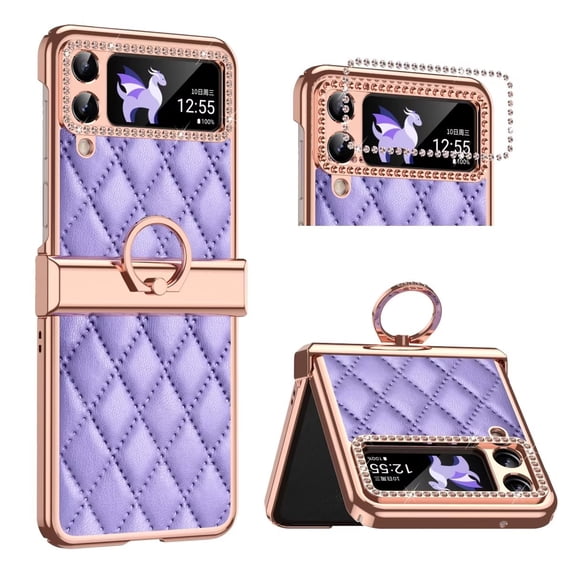 MonsDirect for 6.7 inch Samsung Galaxy Z Flip 4 5G 2022 Case, Hinge Protection Plating Frame Hard PC Shell Diamond PU Leather Cover Shockproof with Finger Ring Stand Holder for Galaxy Z Flip 4, Purple