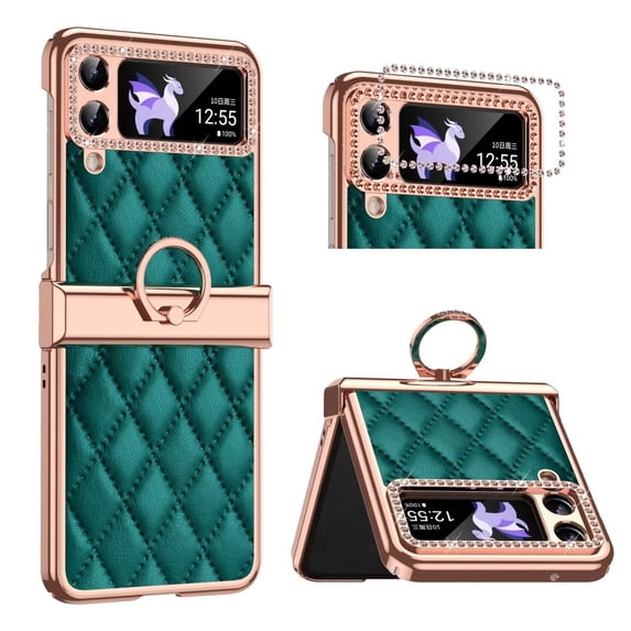 MonsDirect for 6.7 inch Samsung Galaxy Z Flip 4 5G 2022 Case, Hinge Protection Plating Frame Hard PC Shell Diamond PU Leather Cover Shockproof with Finger Ring Stand Holder for Galaxy Z Flip 4, Green