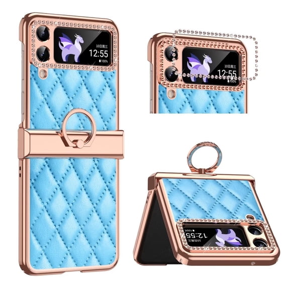 MonsDirect for 6.7 inch Samsung Galaxy Z Flip 4 5G 2022 Case, Hinge Protection Plating Frame Hard PC Shell Diamond PU Leather Cover Shockproof with Finger Ring Stand Holder for Galaxy Z Flip 4, Blue