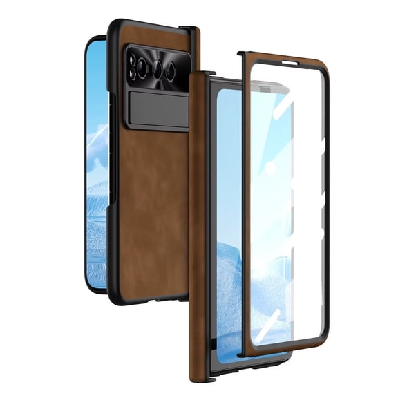 MonsDirect for 7.6 inch Google Pixel Fold 2023 Case, Soft Leather & PC Frame Case with Magnetic Hinge & Hidden Bracket, Screen Protector & Lens Protection Frame for Google Pixel Fold, Brown