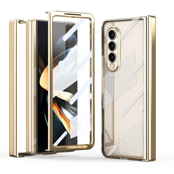 MonsDirect for 7.6 inch Samsung Galaxy Z Fold 2 5G 2020 Case, Clear Plating Frame Hard PC Back Shell With Screen Protector, Slim Anti-Drop Free Folding Hinge Protection for Galaxy Z Fold 2, Gold