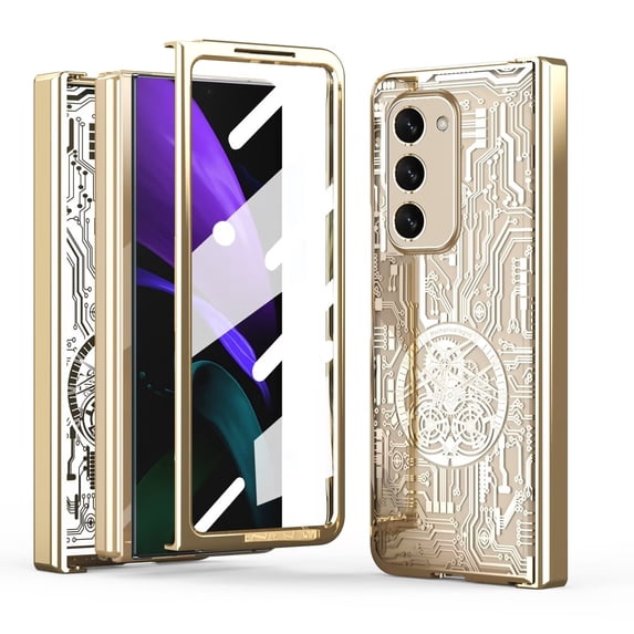 MonsDirect for 7.6 inch Samsung Galaxy Z Fold 2 5G 2020 Case, Mechainical Gear Clear Plating Frame Hard PC Back Shell With Screen Protector, Slim Folding Hinge Protection for Galaxy Z Fold 2, Gold